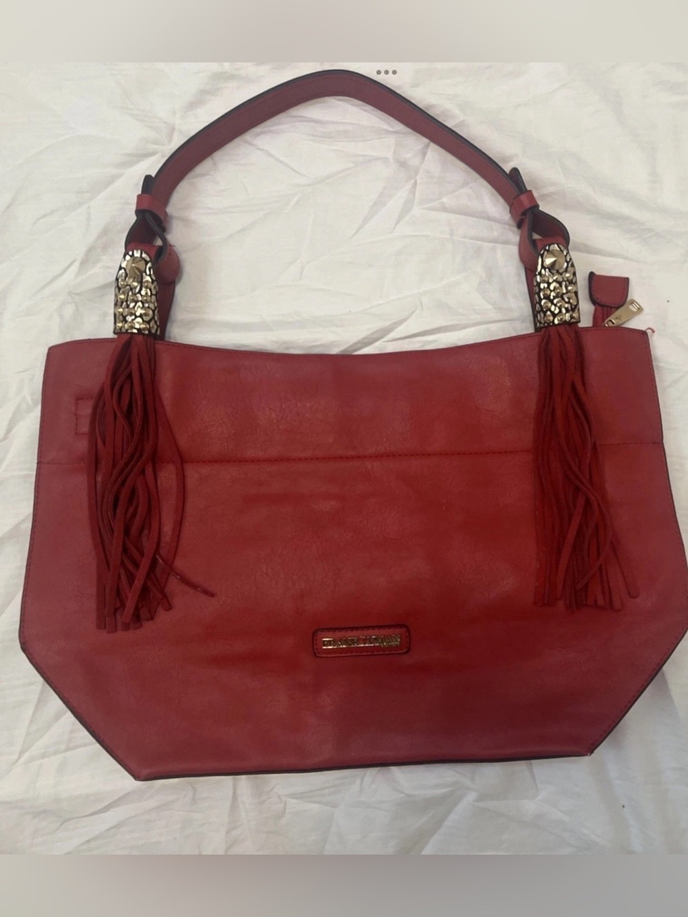 Frank Lyman Design Red Leather Tassel Shoulder Bag with Gold Accents - Picture 5 of 13
